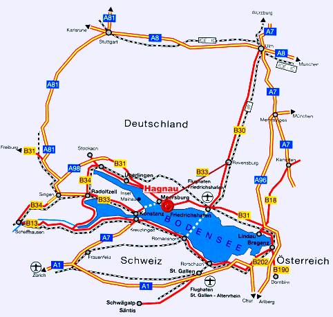 Karte für die überregionale Anreise nach Hagnau am Bodensee